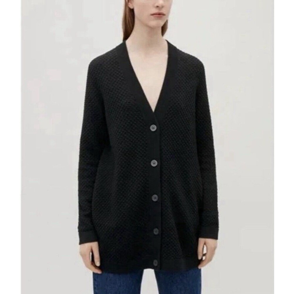 COS Black Textured V Neck Button Front Long Cardigan Size Medium